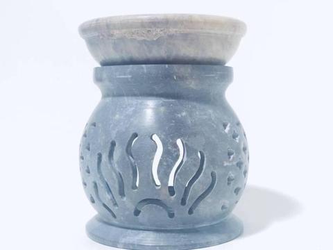 Oil Burner Soapstone Carved (Handmade) with Peacock pattern