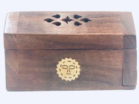Incense Burner hand carved Rosewood Brass Sun Inlay