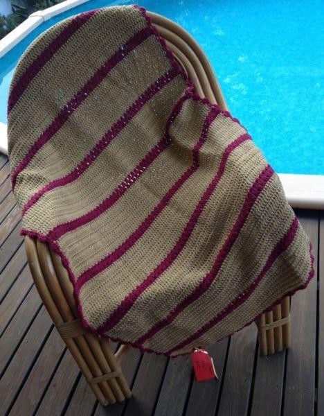 CROTCHET KNEE RUG/ THROW TAN WITH RED STRIPE BRAND NEW