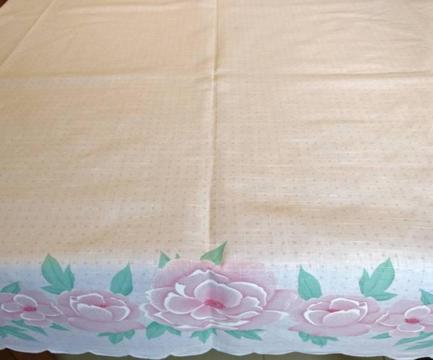 Vintage Tablecloth Sweet Floral Border on White Pin Spot Ground