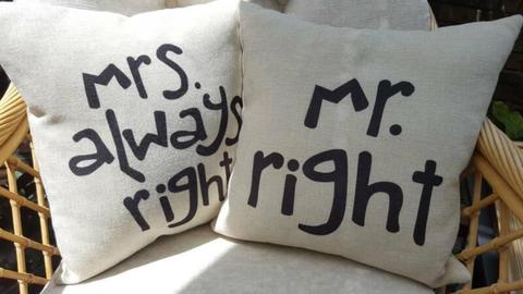Couch Throw Pillows 'Mr Right and Mrs Always Right'