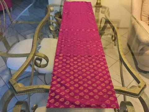 Table Runner - Silky Pink with Gold Embroidery Stamp Emblems