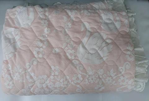 Vintage Pink Bedspread With White Swan Lace Overlay