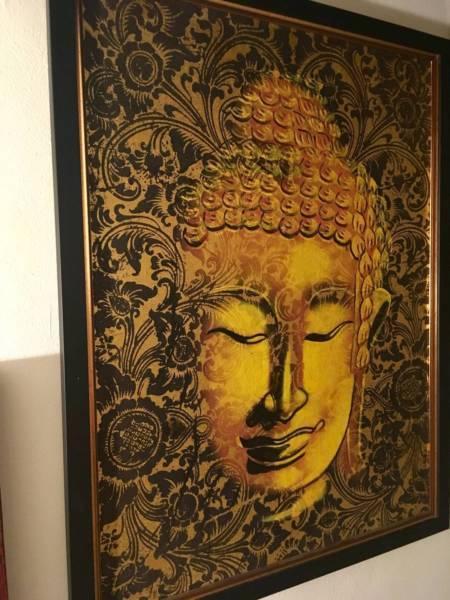 Oriental Framed Buddha painting on fabric 3D effect GOLD BLACK