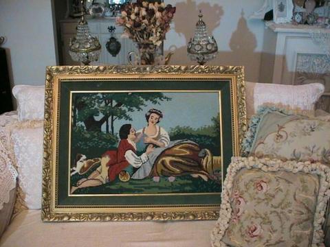 VINTAGE TAPESTRY ORNATE GOLD FRAME FRENCH ROMANCE COURTING LADY