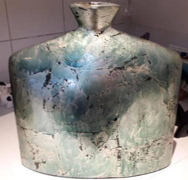 Large square unusual Metal Decor. Vase with green metallic finish