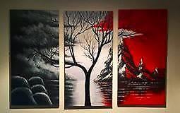 LARGE three piece painting Red Black white tree mountains lake
