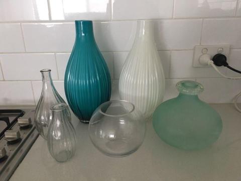 6 assorted vases, fish bowl vase, turquoise, white, glass