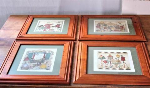 4 picture frames with illustrions - Timber frames $10 each