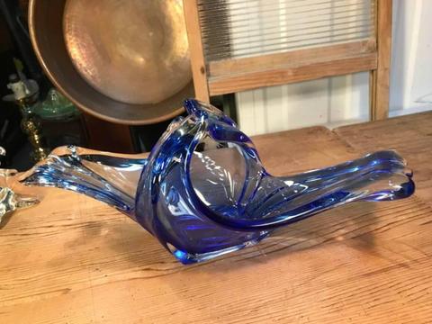 Beautiful Retro Blue Abstract Art Glass Centrepiece Bowl 35cm