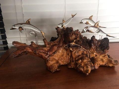 Ornament Wood with Glass Dolphins with real gold highlights 250h 450L