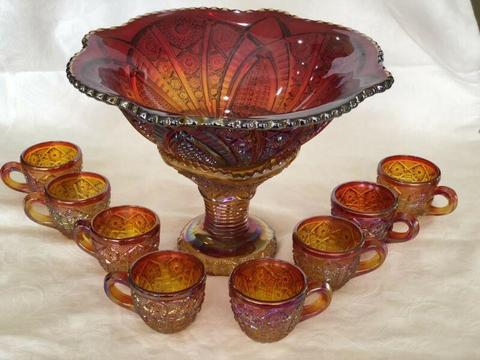 Rare Carnival Glass Punch Bowl Set