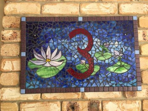 Mosaic tile and stained glass house number