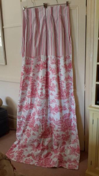 Curtains, pair, red & pink toile with stripes