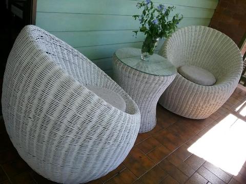 Designer ball chairs x 2 and matching glass table $350
