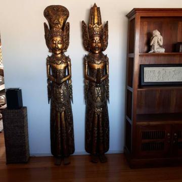 2 BALINESE LIFE SIZE GOLD COLOURED WOODEN STATUES