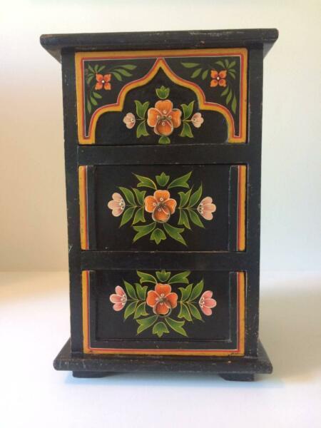 Bohemian Vintage Hand Painted Indian Wooden Mini Chest