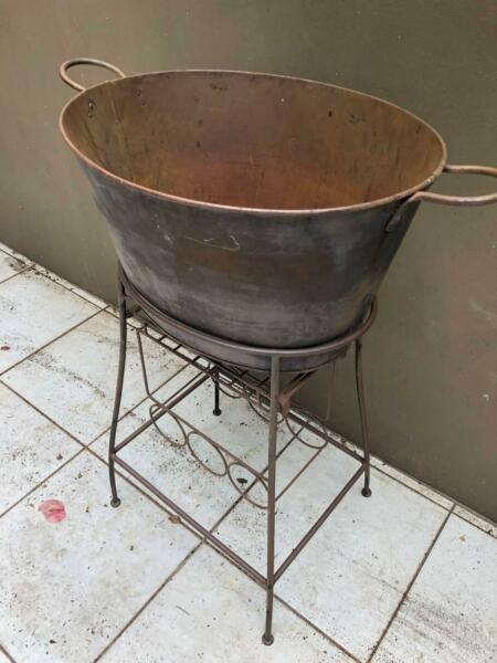 Copper Bucket with Wine Stand & Cane Basket