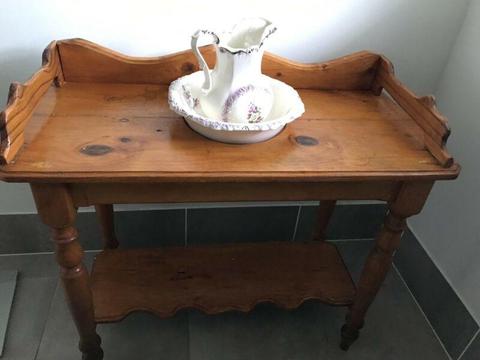 VINTAGE WOODEN WASH STAND with Jug & Bowl