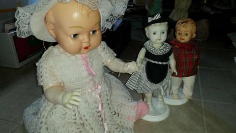 Old dolls & bear, trinket box, printer, cut glass jug, etc