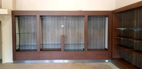 Brown Wood TV Entertainment Cabinet Wall Glass Shelf Console Ward