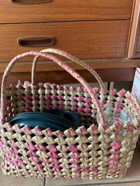 Rattan cane picnic basket with picnic items. $10 the lot