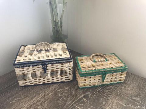 2 woven boxes and vintage address/phone book