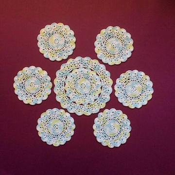 Turquoise, Lime and White Hand Crocheted Doily and Six Coasters