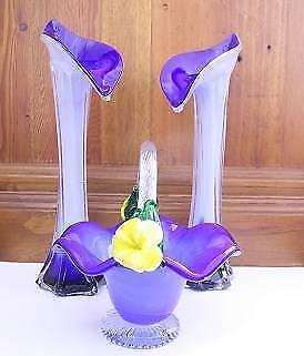 Retro-style blue glass vase and basket set