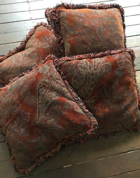 Five velvet brocade plush couch CUSHIONS, used GC, rust/maroon/black