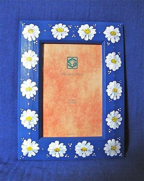 Blue Photo Frame with Hand Painted Folk Art Daisies