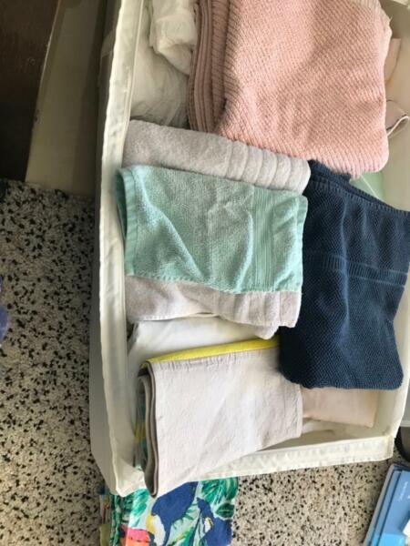Assorted Bedding - quilts, sheets. Towels & tea towels