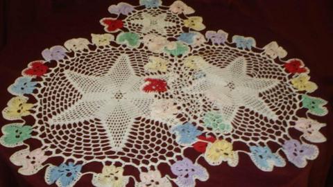 Amazing Trio of Vintage Star Doilies with Rainbow Pansy Flowers