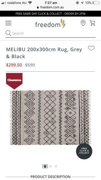 Brand new 200x300cm freedom melibu rug - grey