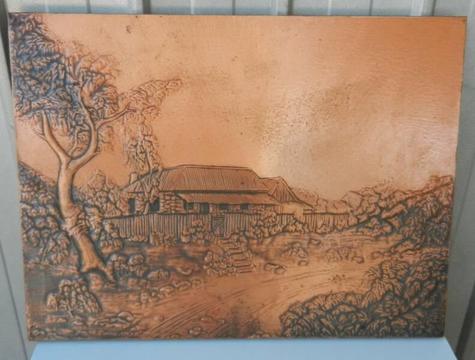 Homestead and Tree Beautiful Copper Art Wall Piece Framed