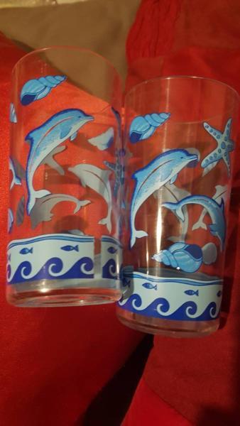 4 clear PERSPEX blue dolphins, waves, & shells tumblers