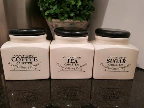 Set of antique white canisters. Coffee Tea Sugar. Kitchen storag