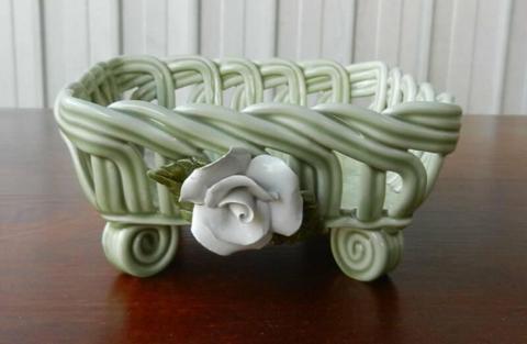 Ceramic Woven Light Green Basket Trinket Dish With Rose