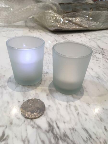 Frosted glass tea light holders with battery op lights
