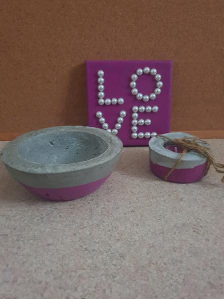 Purple LOVE gift pack: trinket bowl, candle holder & love canvas