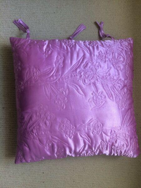 Satin cushion (pink/purple colour) with floral stitching 40 cm