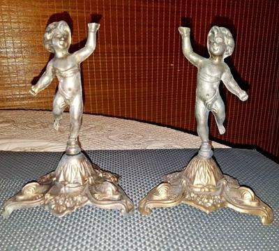Pair of Vintage Cherub Table Centre Pieces - Brass base & S/metal