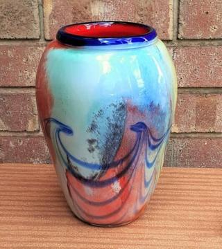 Large Blue Yellow Red Art Glass Vase