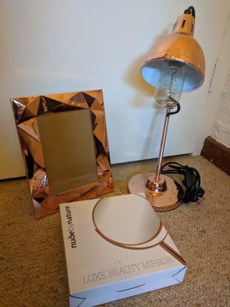 Rose gold lamp, frame and mirror