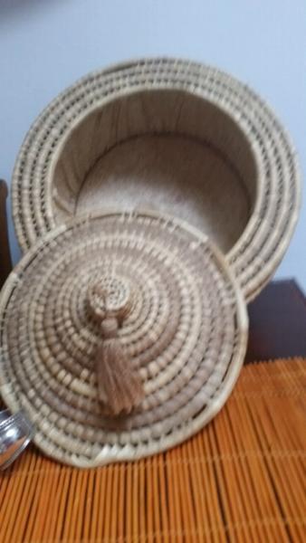 Vintage woven cane sewing basket