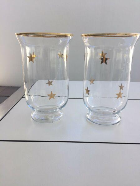 Pair glass candle holders lanterns gold stars rims 24 cm mint