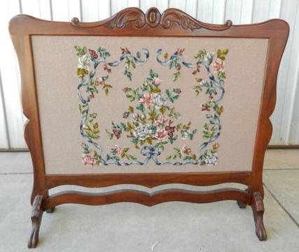 Vintage Fireplace Screen Embroidered Tapestry Front Wooden