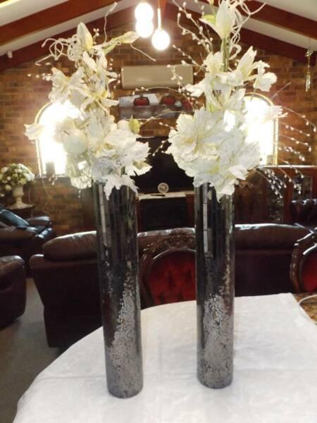 Pair of Tall Cylindrical Mosaic Glass Vases, Artificial Flowers