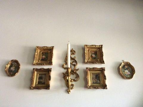 6 Guilded Oil paintings and candle sconse