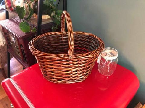 Antique hand woven wooden basket with handle